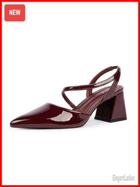 QIY Closed Pointed Toe Slingback Chunky Mid Heel Pumps
